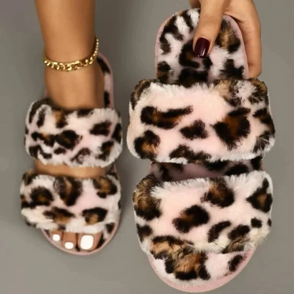 Fluffy Leopard Print Double Strap Slippers - Picture 1 of 7